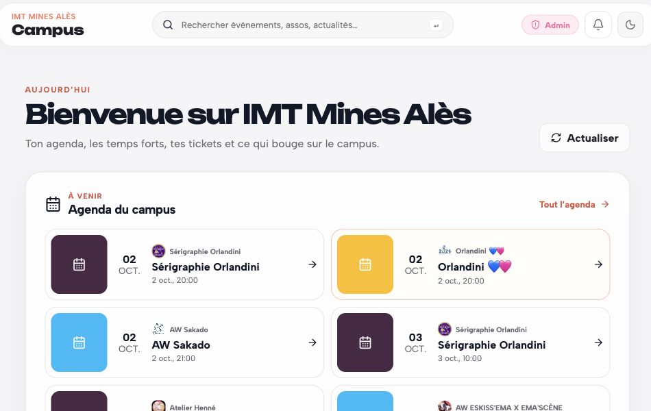 Vue réelle du campus IMT Mines Alès dans l’application web Komi, capturée le 2 octobre 2026.